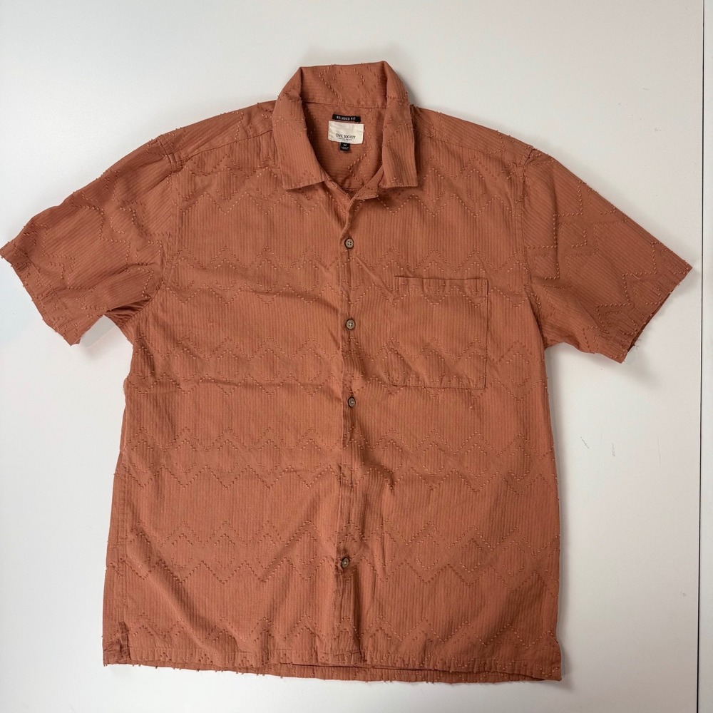 Civil Society Mens Relaxed Fit Textured Geometric Dobby Shirt Rust Orange Medium